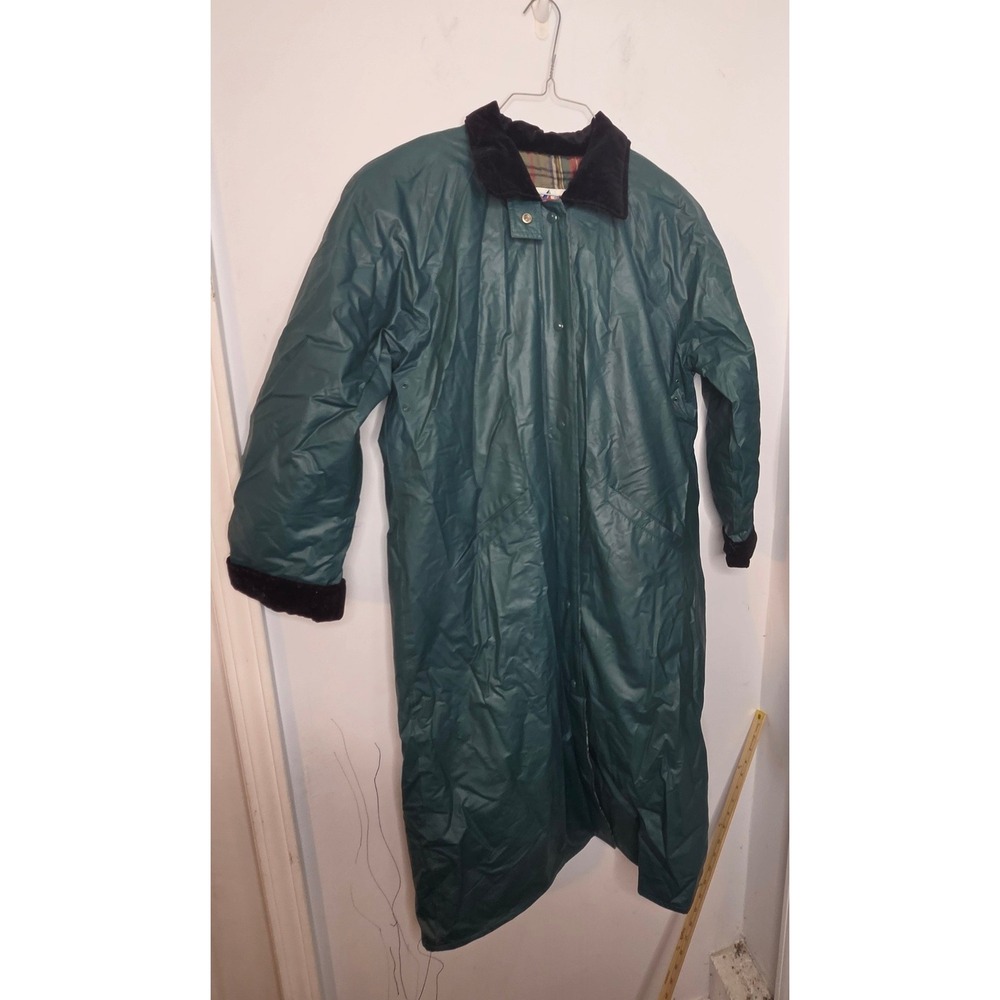 Misty Harbor Raincoat Womens Medium Green Plaid Lined Long Slicker PVC Jacket